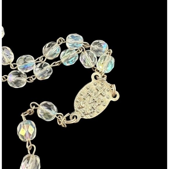Vintage Signed INRI Cut Aurora Glass Crystal Jesus Rosary ITALY - Picture 8 of 9